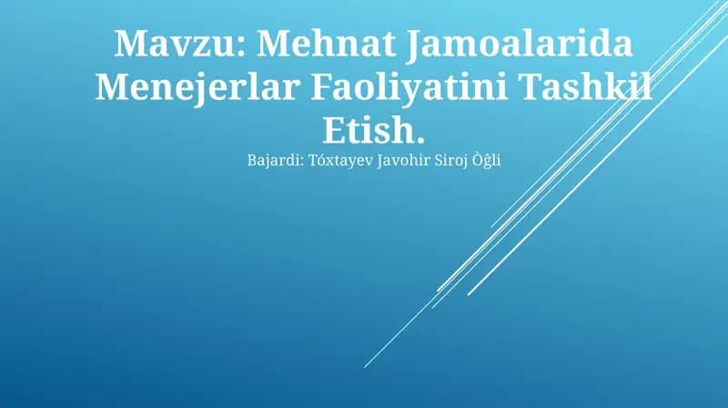 Mehnat Jamoalarida Menejerlar Faoliyatini Tashkil Etish