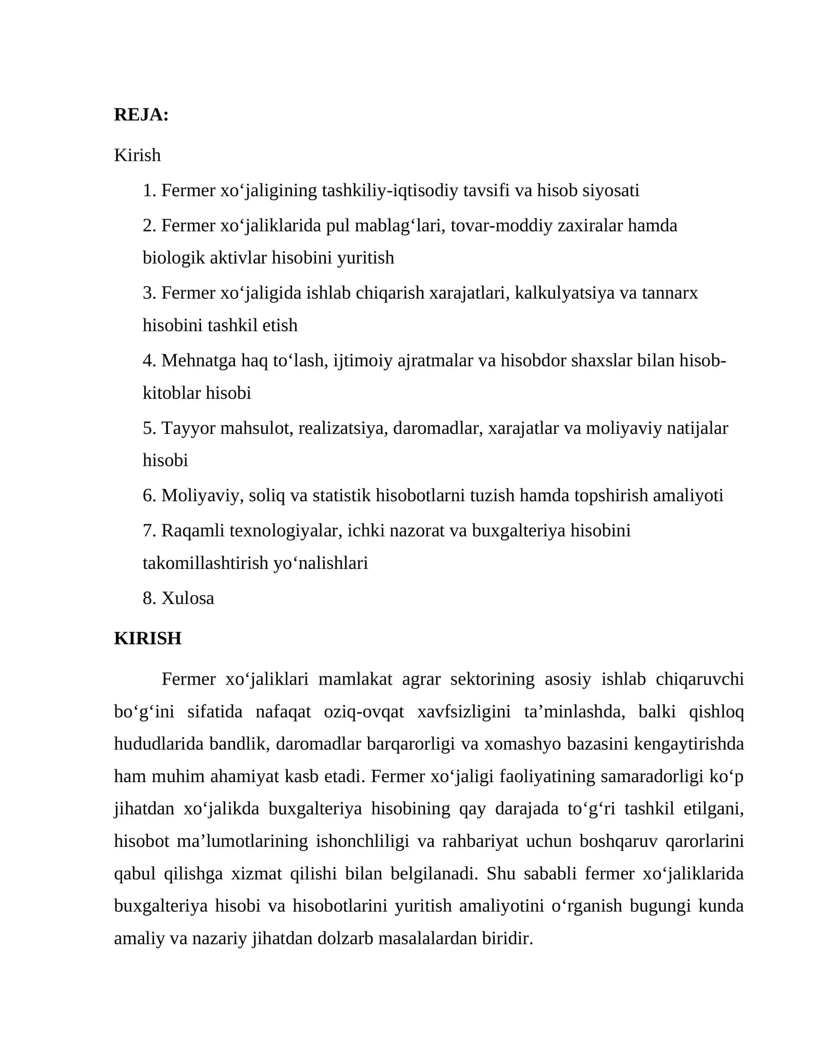 fermer xo'jaligi amaliyot hisoboti