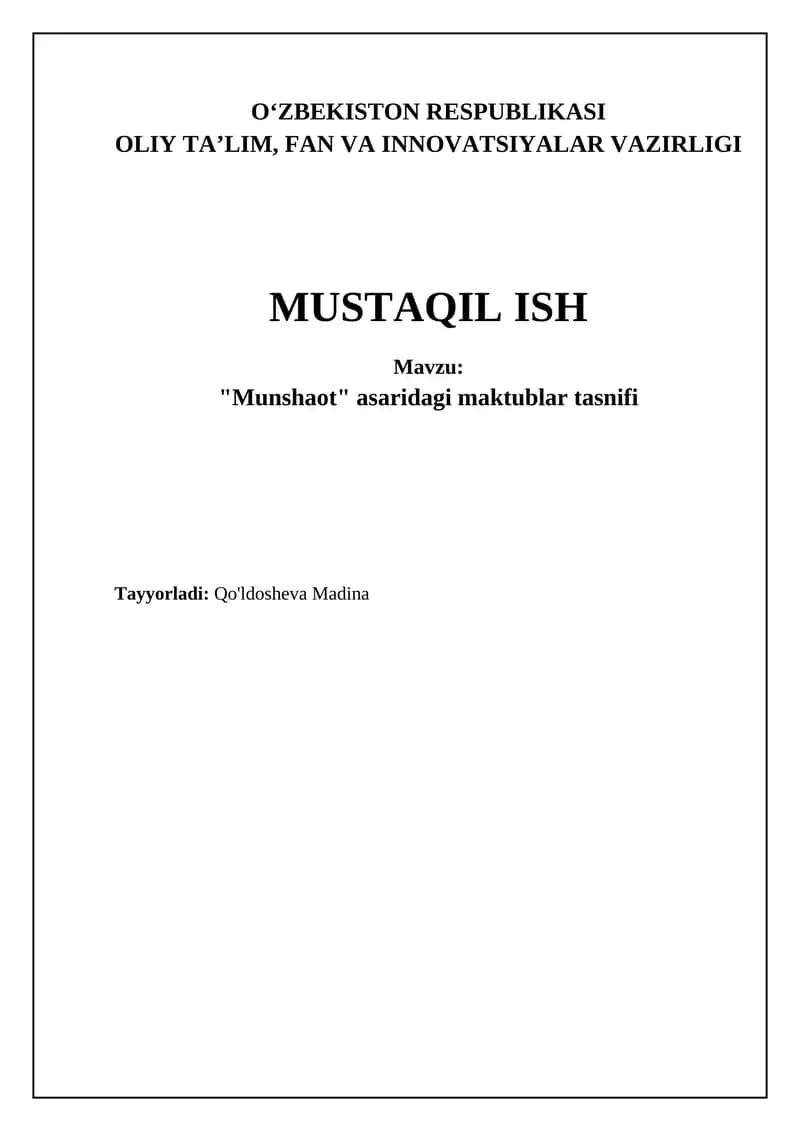 "Munshaot" asaridagi maktublar tasnifi
