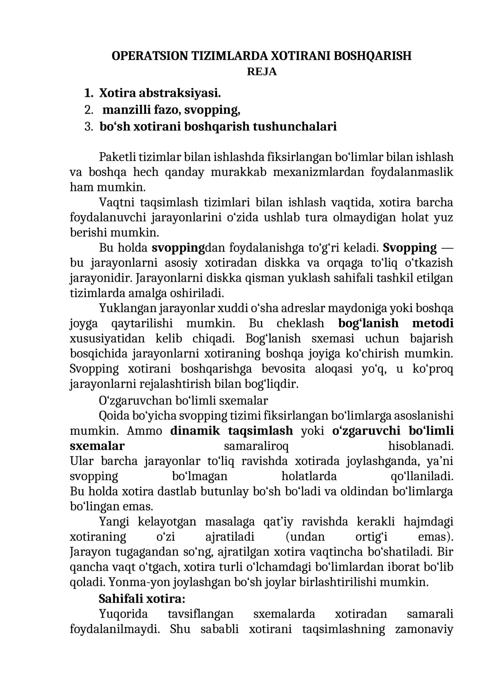 OPERATSION TIZIMLARDA XOTIRANI BOSHQARISH