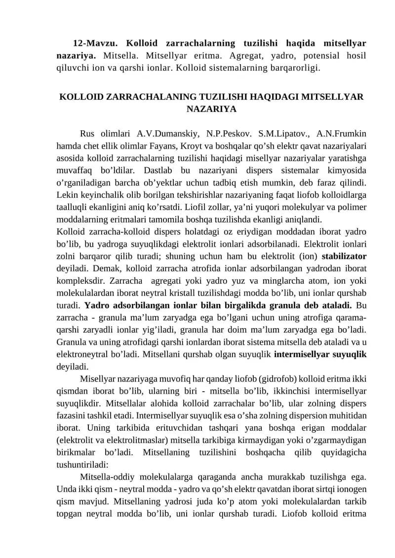 Kolloid zarrachalar tuzilishi