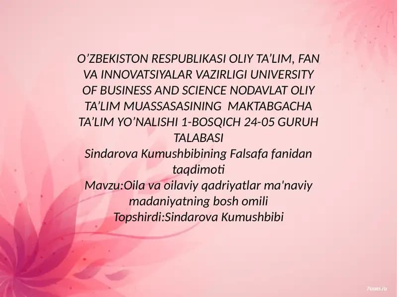 Sindarova Kumushbibining Falsafa fanidan taqdimoti