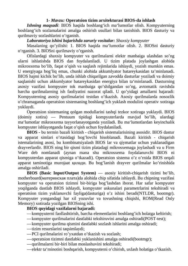 Operatsion tizim arxitekturasi BIOS-da ishlash