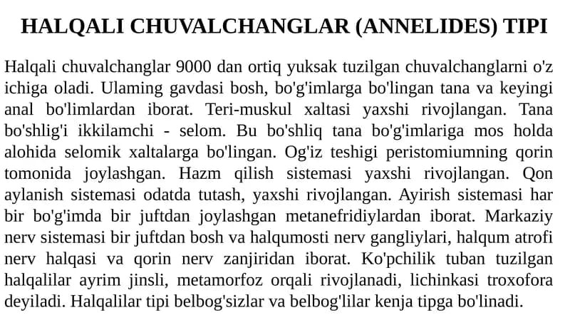 HALQALI CHUVALCHANGLAR (ANNELIDES) TIPI