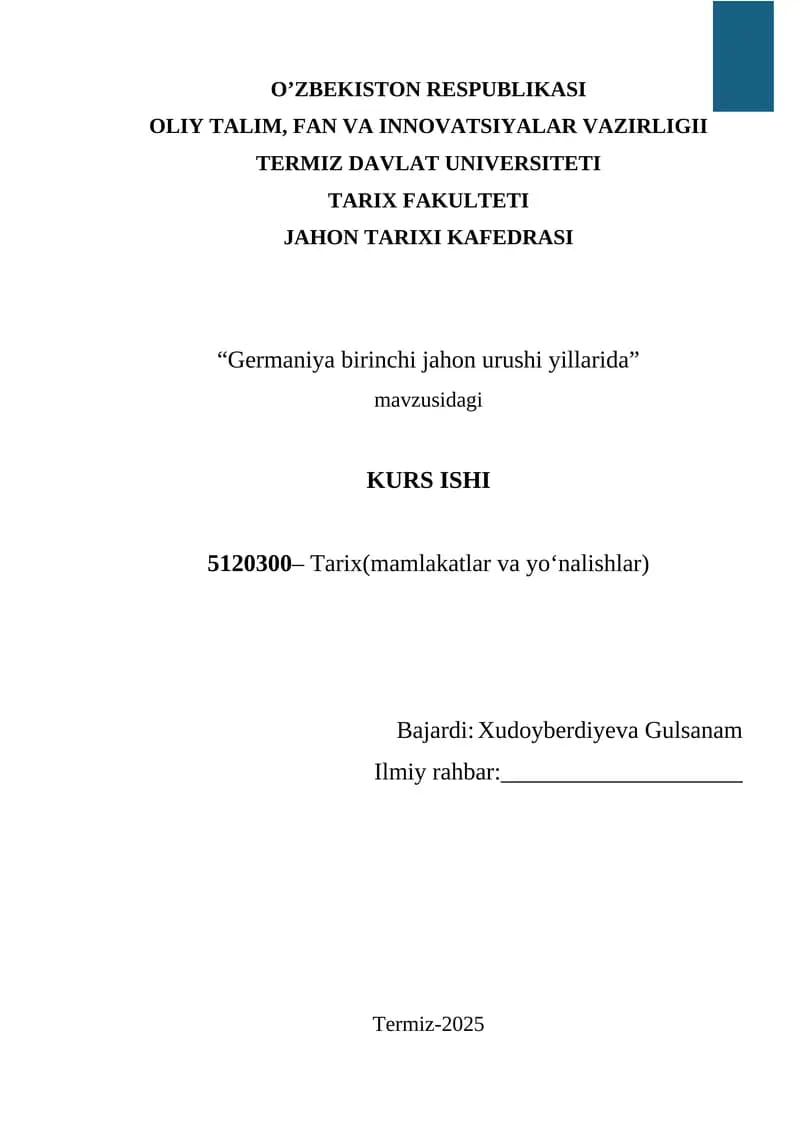 “Germaniya birinchi jahon urushi yillarida”