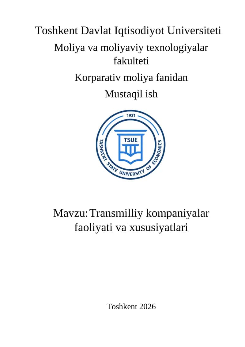 Transmilliy kompaniyalar faoliyati va xususiyatlari