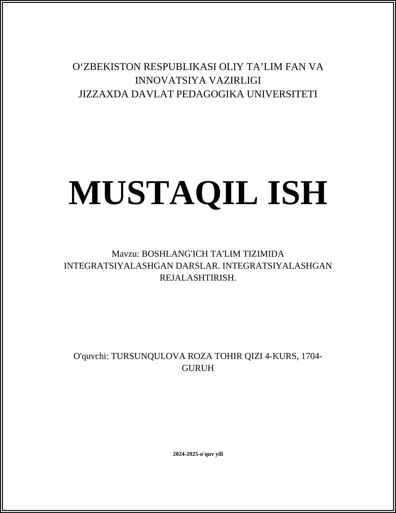 BOSHLANG'ICH TA'LIM TIZIMIDA INTEGRATSIYALASHGAN DARSLAR
