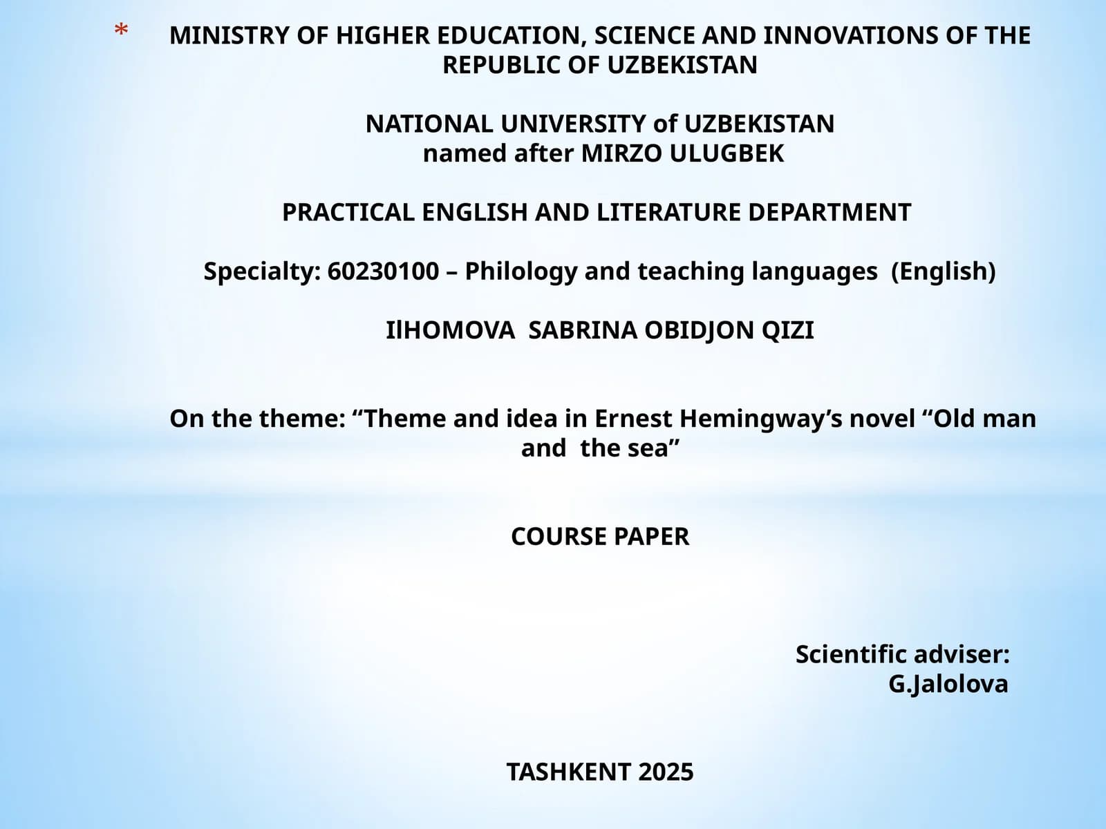 Course Paper on "Theme and Idea in Ernest Hemingway's Novel "Old Man and the Sea"