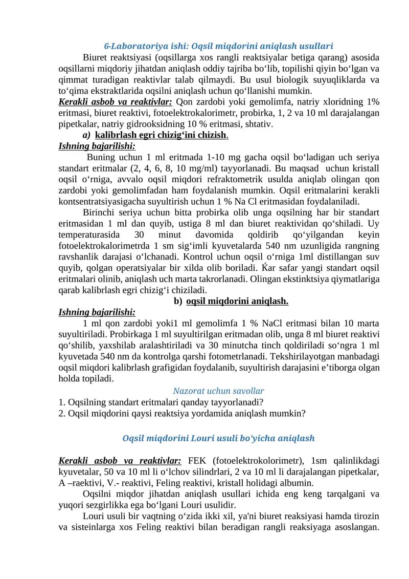 Laboratoriya ishi: Oqsil miqdorini aniqlash usullari