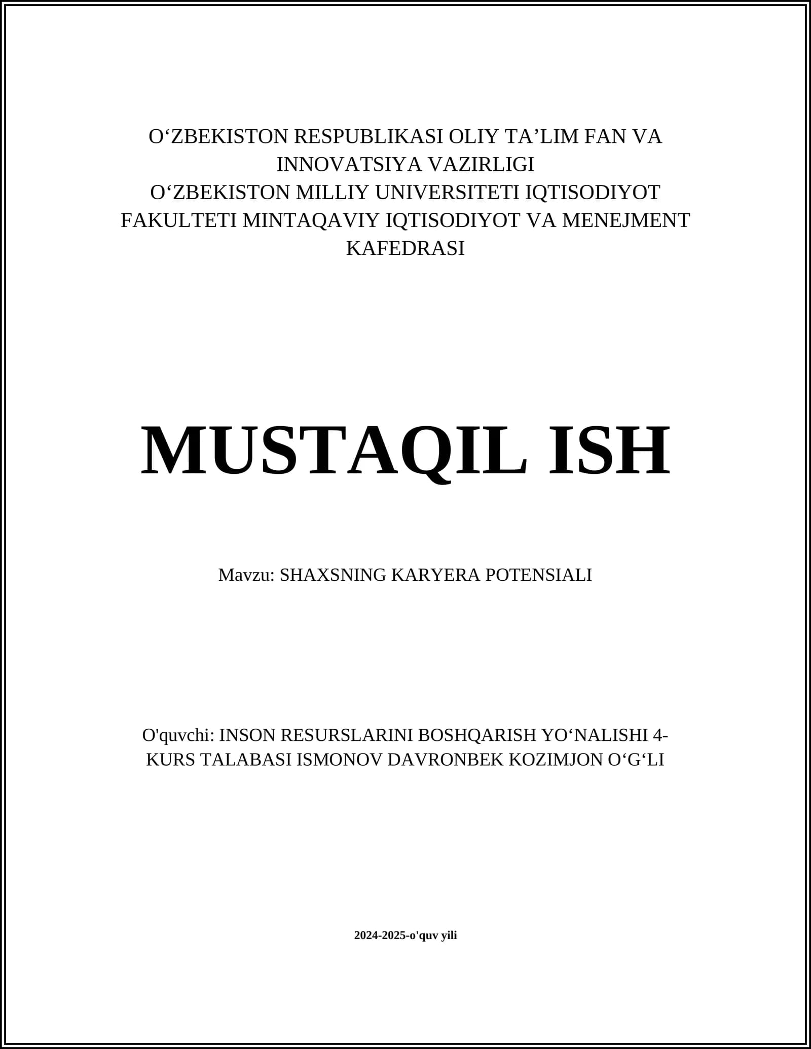 SHAXSNING KARYERA POTENSIALI