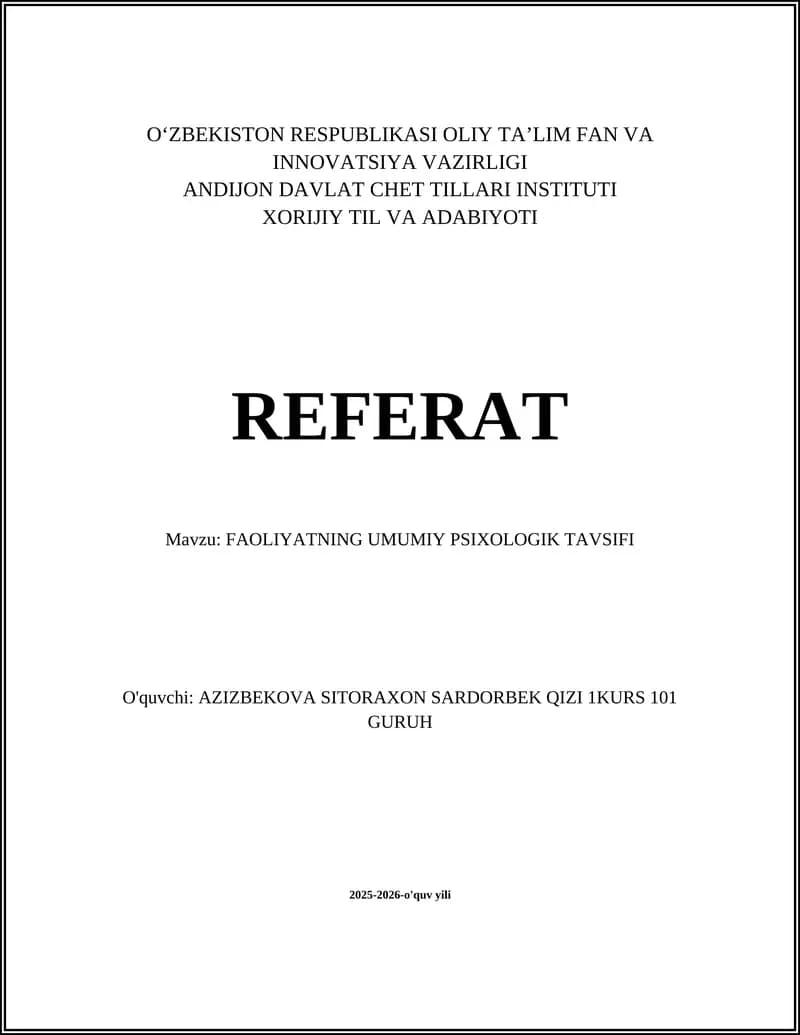 FAOLIYATNING UMUMIY PSIXOLOGIK TAVSIFI