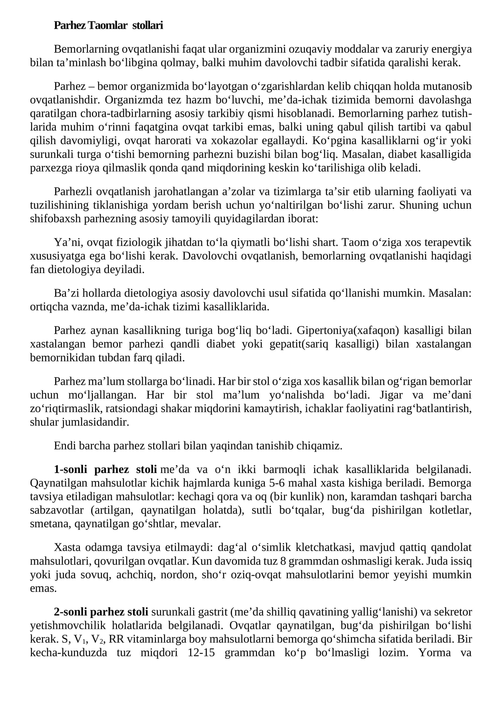 Parhez Taomlar stollari