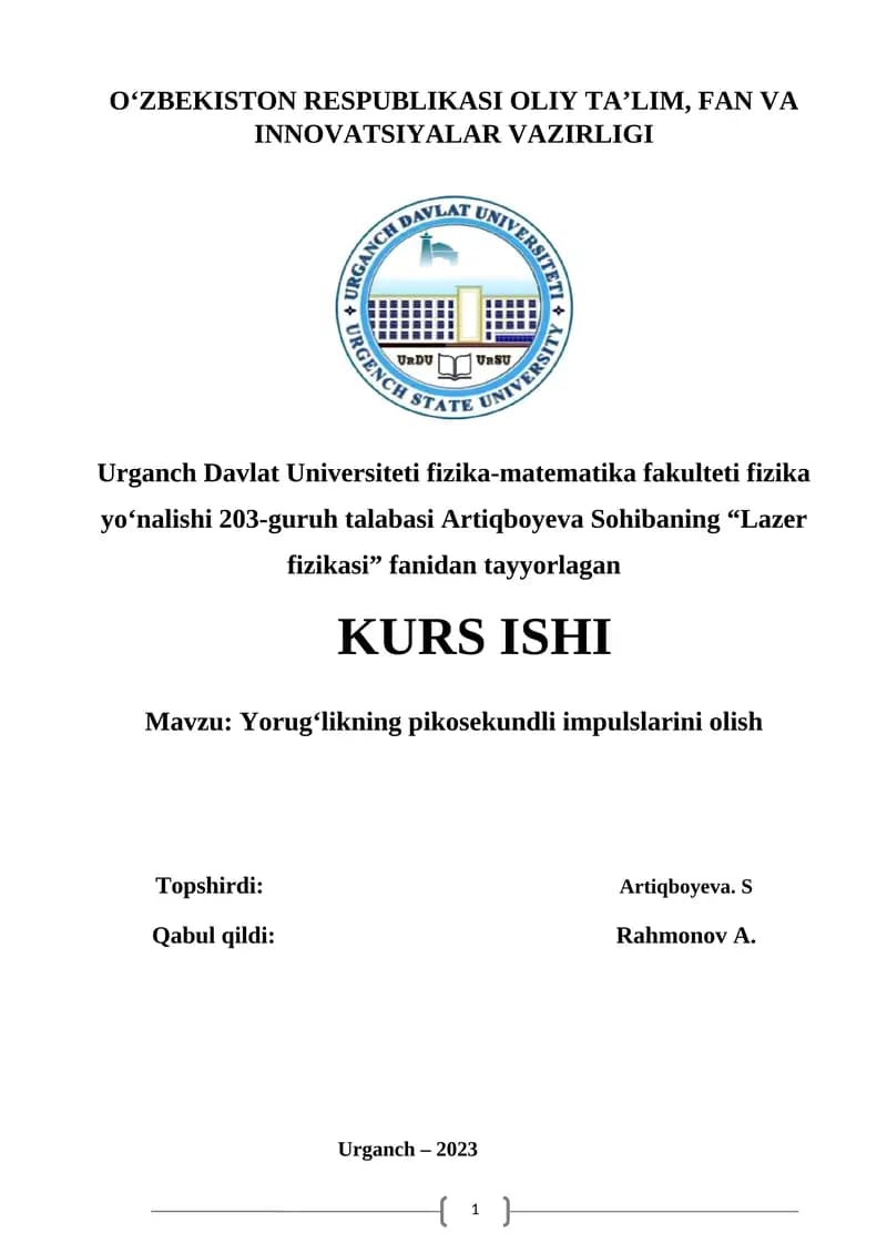 Yorugʻlikning pikosekundli impulslarini olish