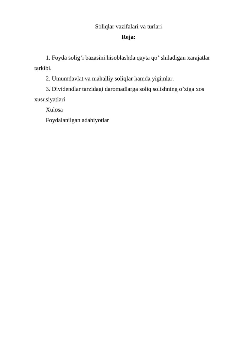Soliqlar vazifalari va turlari