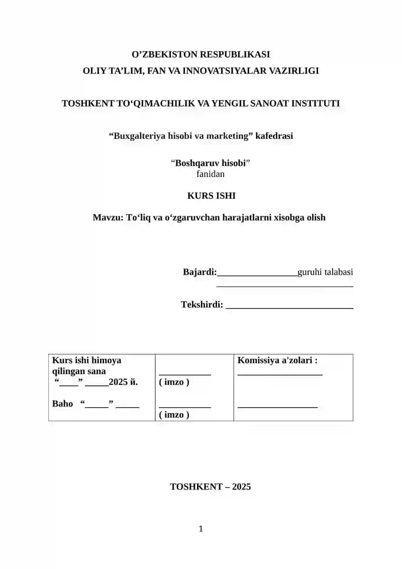Toʻliq va oʻzgaruvchan harajatlarni xisobga olish