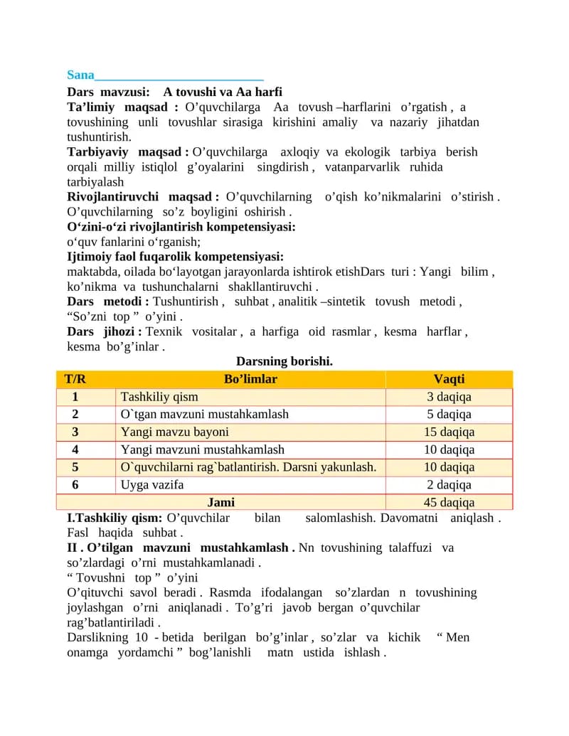 A tovushi va Aa harfi DARS ISHLANMA