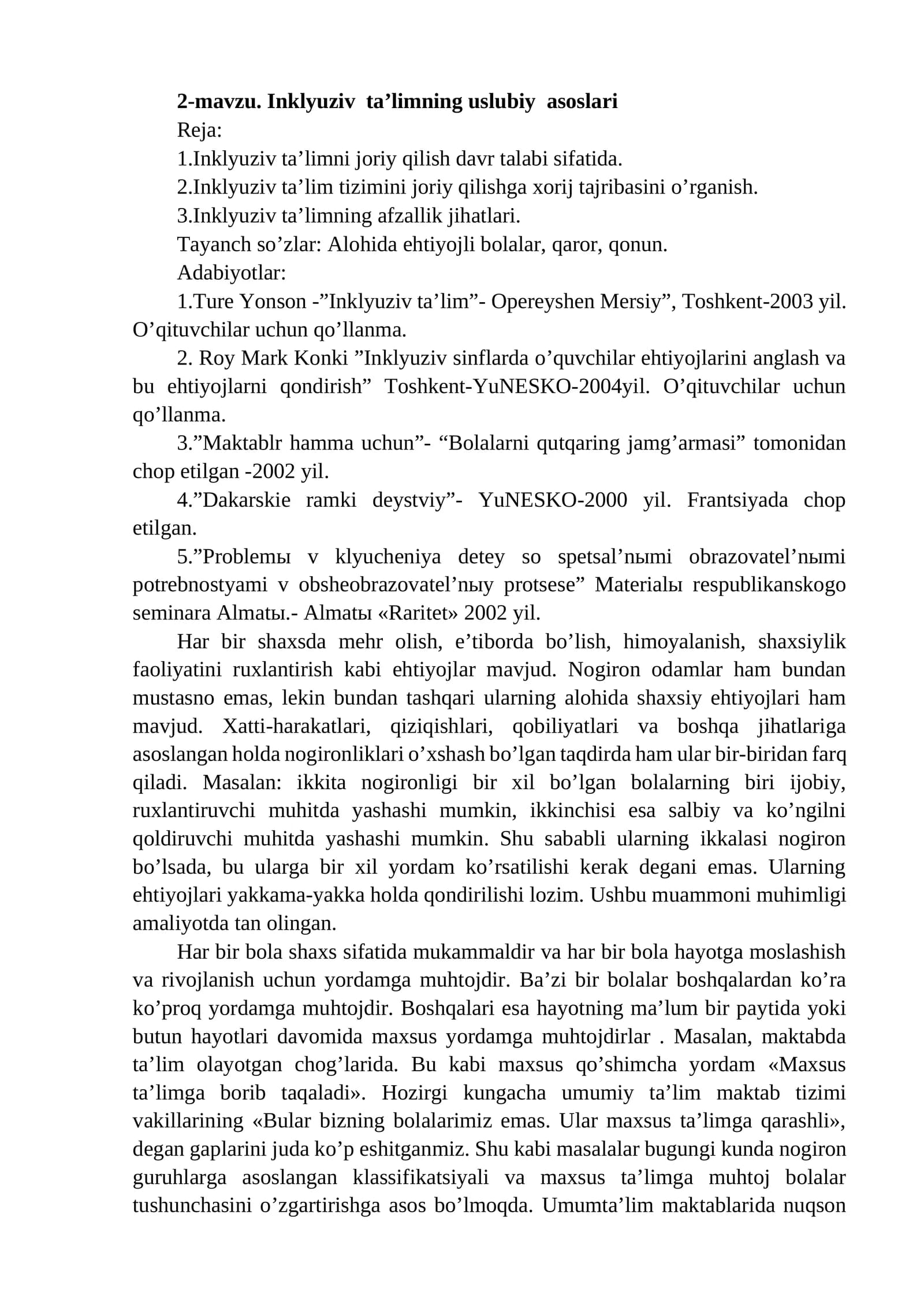 Inklyuziv ta’limning uslubiy asoslari