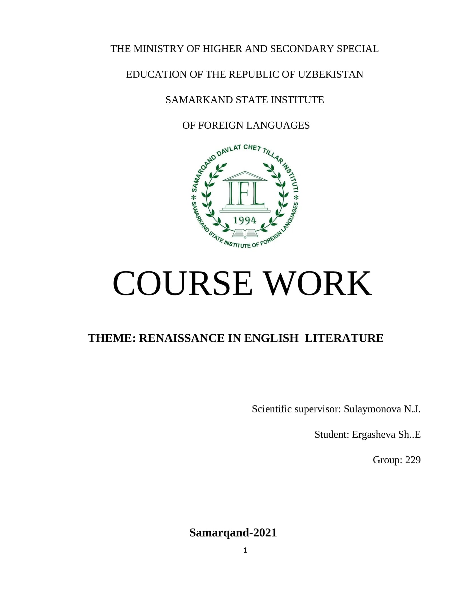 RENAISSANCE IN ENGLISH LITERATURE