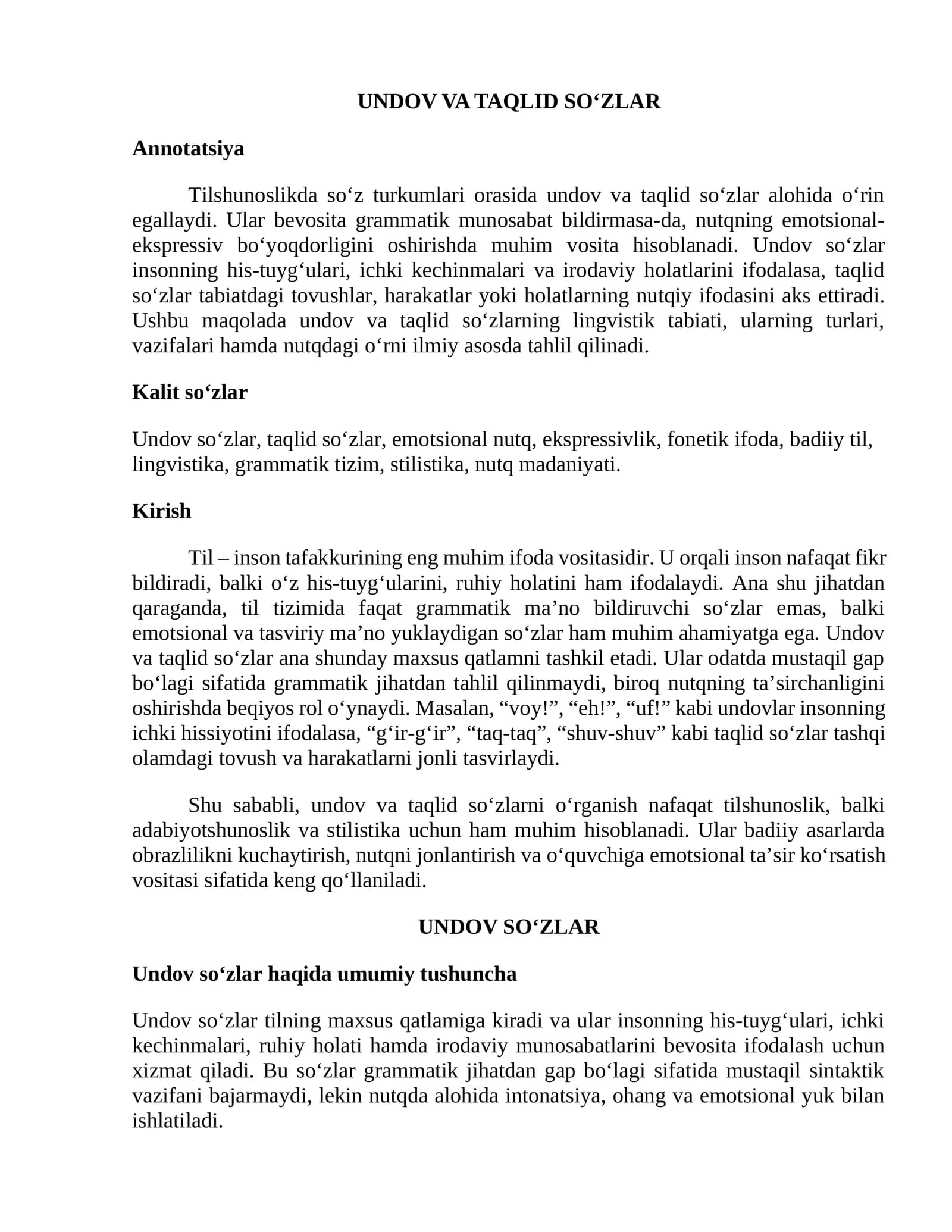 UNDOV VA TAQLID SO‘ZLAR
