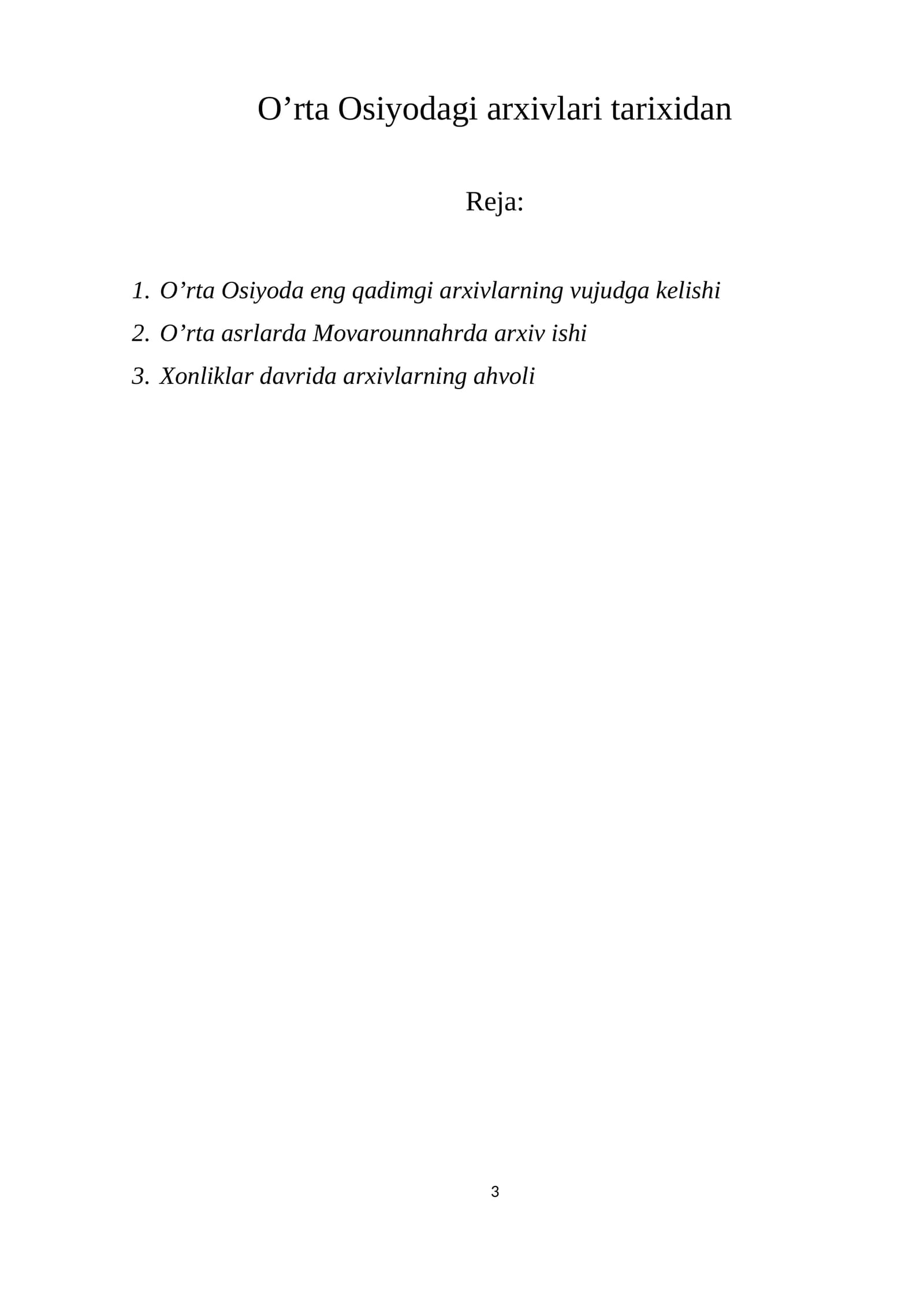 O’rta Osiyodagi arxivlari tarixidan