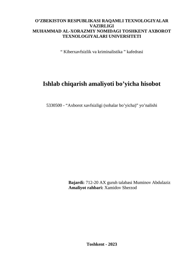 "Axborot xavfsizligi (sohalar bo’yicha)" yo’nalishi