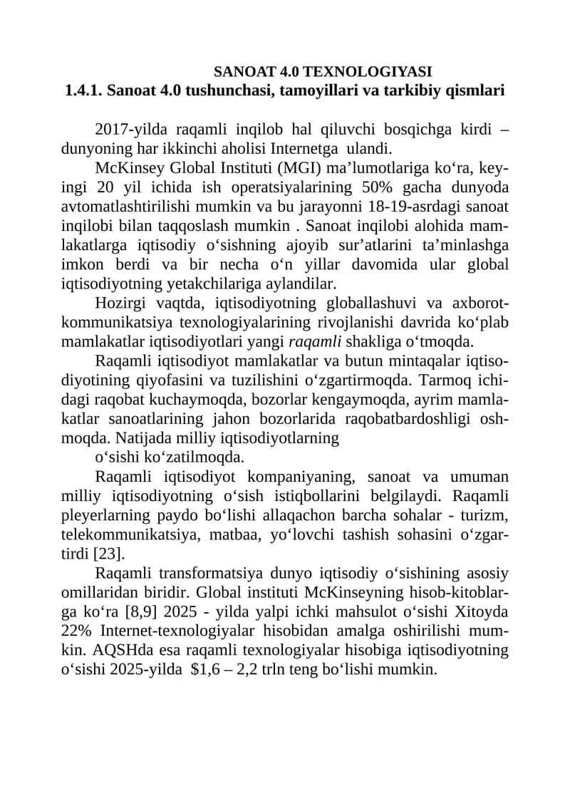 SANOAT 4.0 TEXNOLOGIYASI