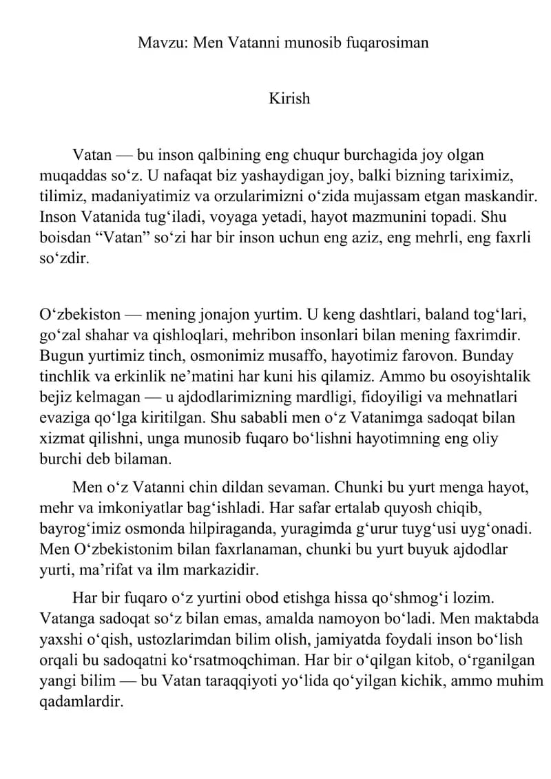 Mavzu: Men Vatanni munosib fuqarosiman