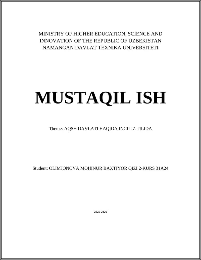 AQSH DAVLATI HAQIDA INGILIZ TILIDA