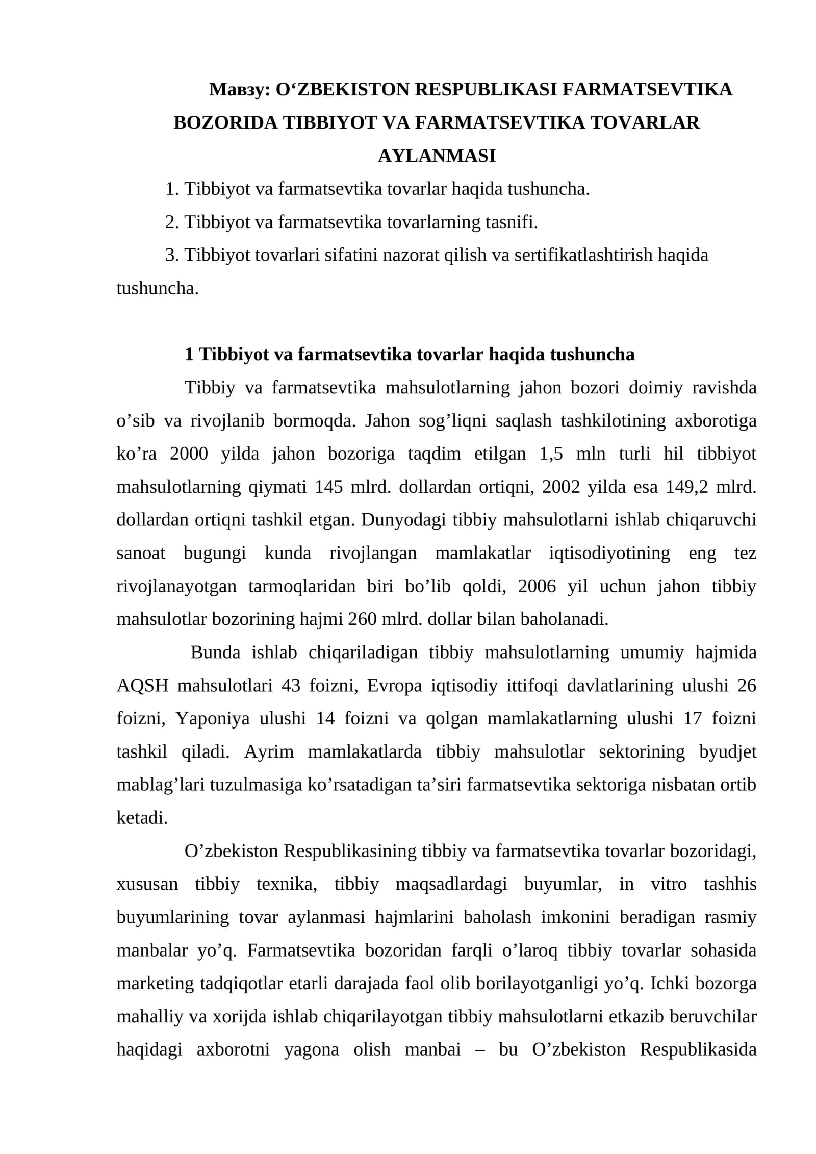 O‘ZBEKISTON RESPUBLIKASI FARMATSEVTIKA BOZORIDA TIBBIYOT VA FARMATSEVTIKA TOVАRLАR AYLANMASI
