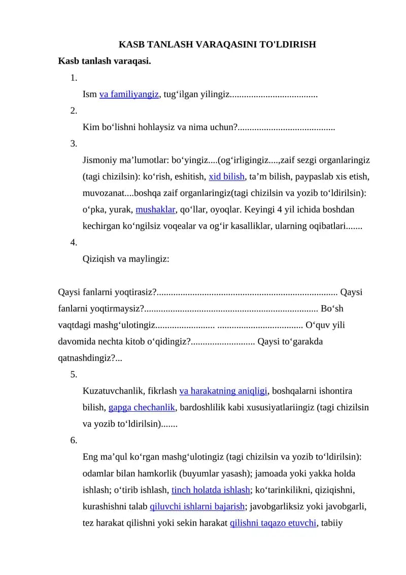 Kasb tanlash varaqasi