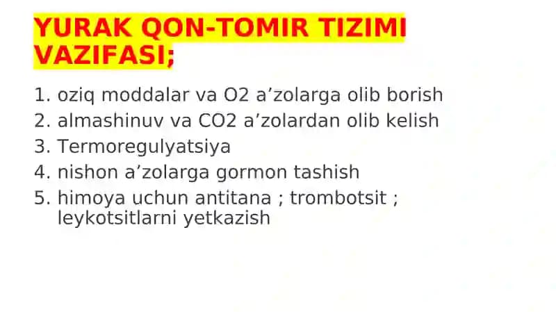 YURAK QON-TOMIR TIZIMI VAZIFASI
