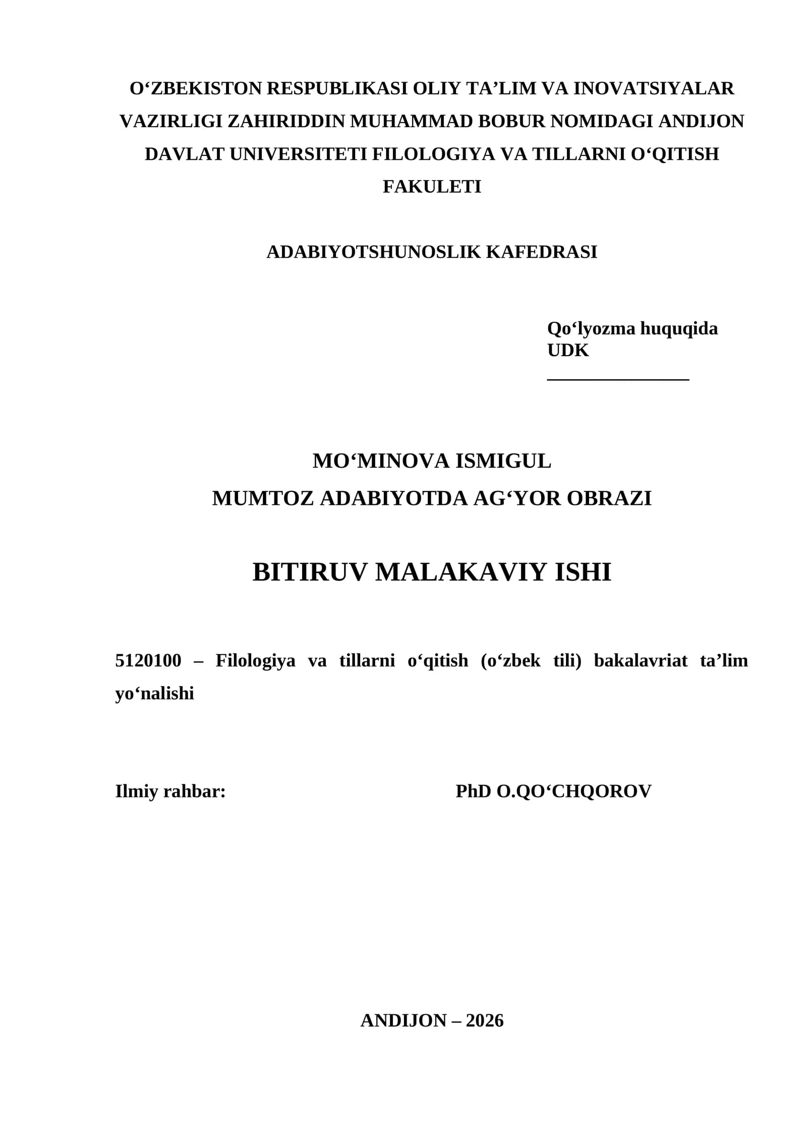 MUMTOZ ADABIYOTDA AG‘YOR OBRAZI