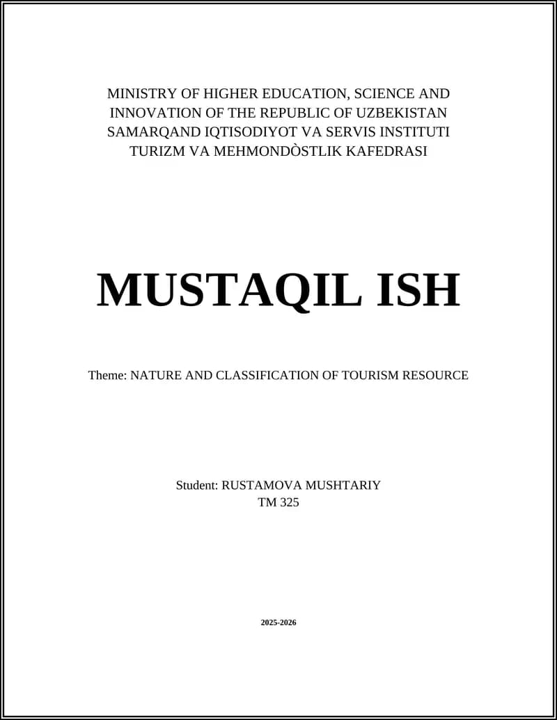 NATURE AND CLASSIFICATION OF TOURISM RESOURCE