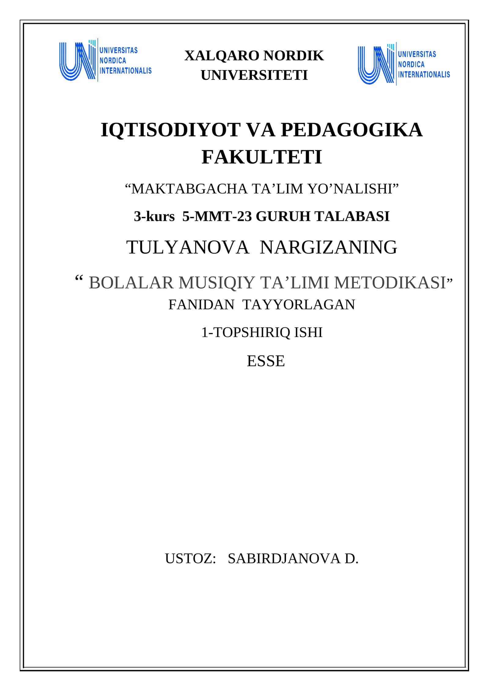 BOLALAR MUSIQIY TA’LIMI METODIKASI