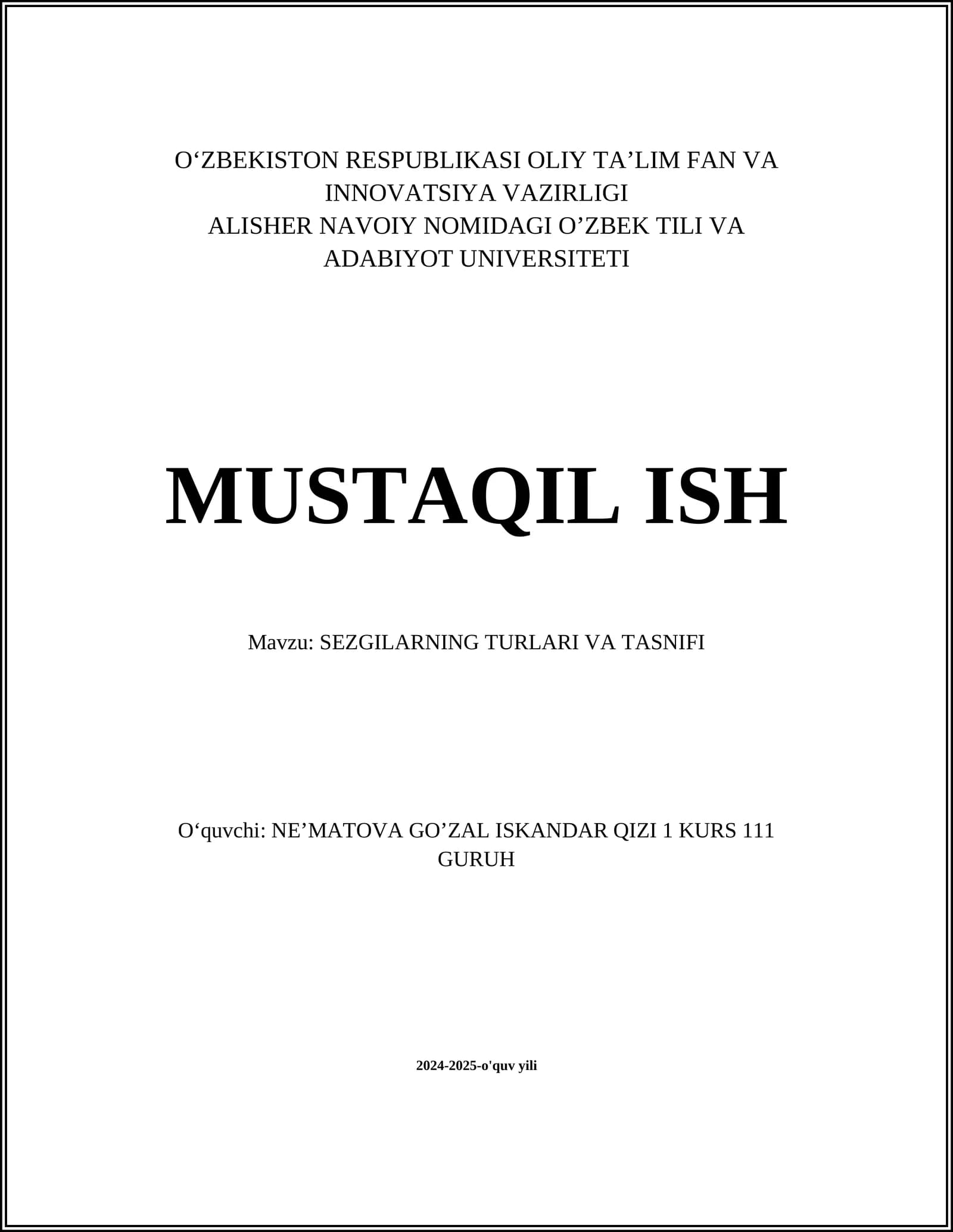 SEZGILARNING TURLARI VA TASNIFI