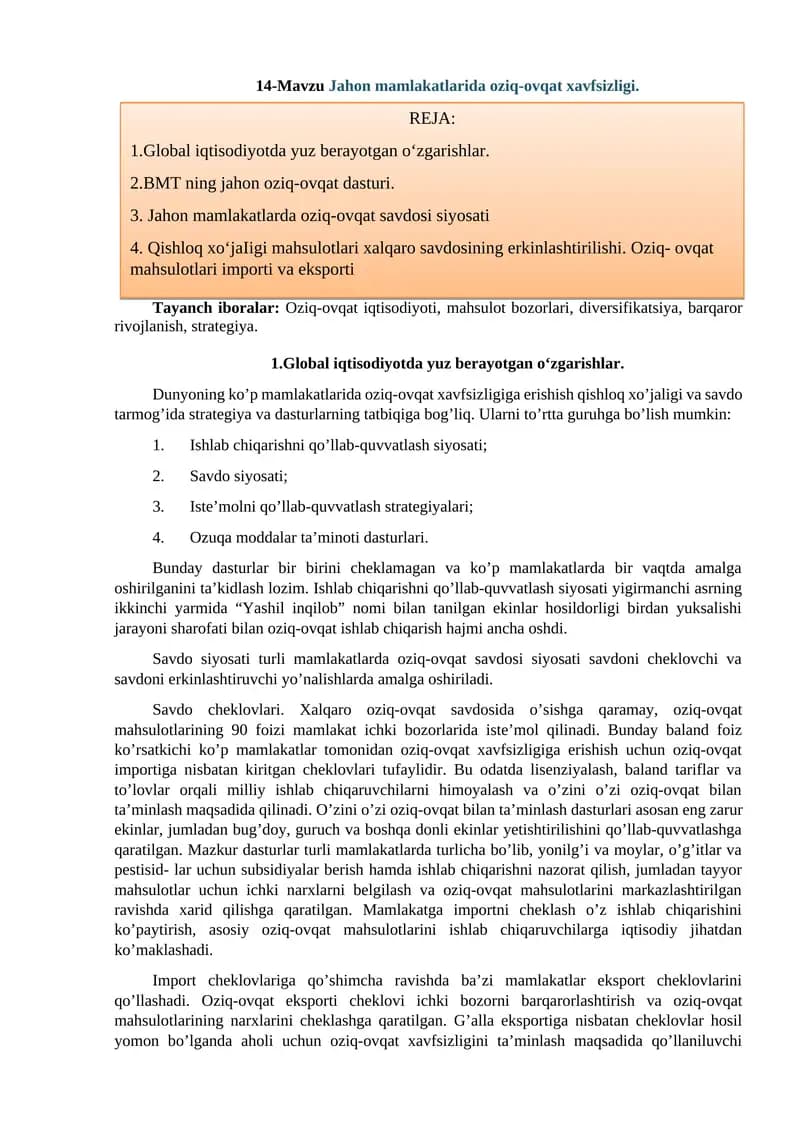Global iqtisodiyotda oziq-ovqat xavfsizligi
