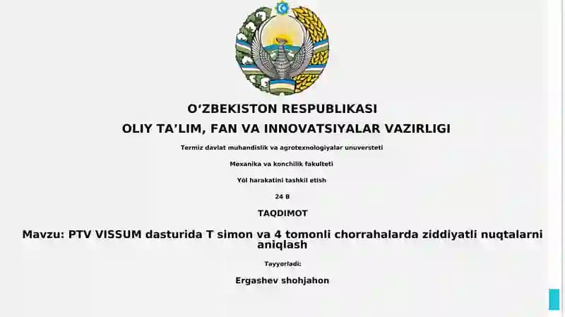 PTV VISSUM dasturida T simon va 4 tomonli chorrahalarda ziddiyatli nuqtalarni aniqlash