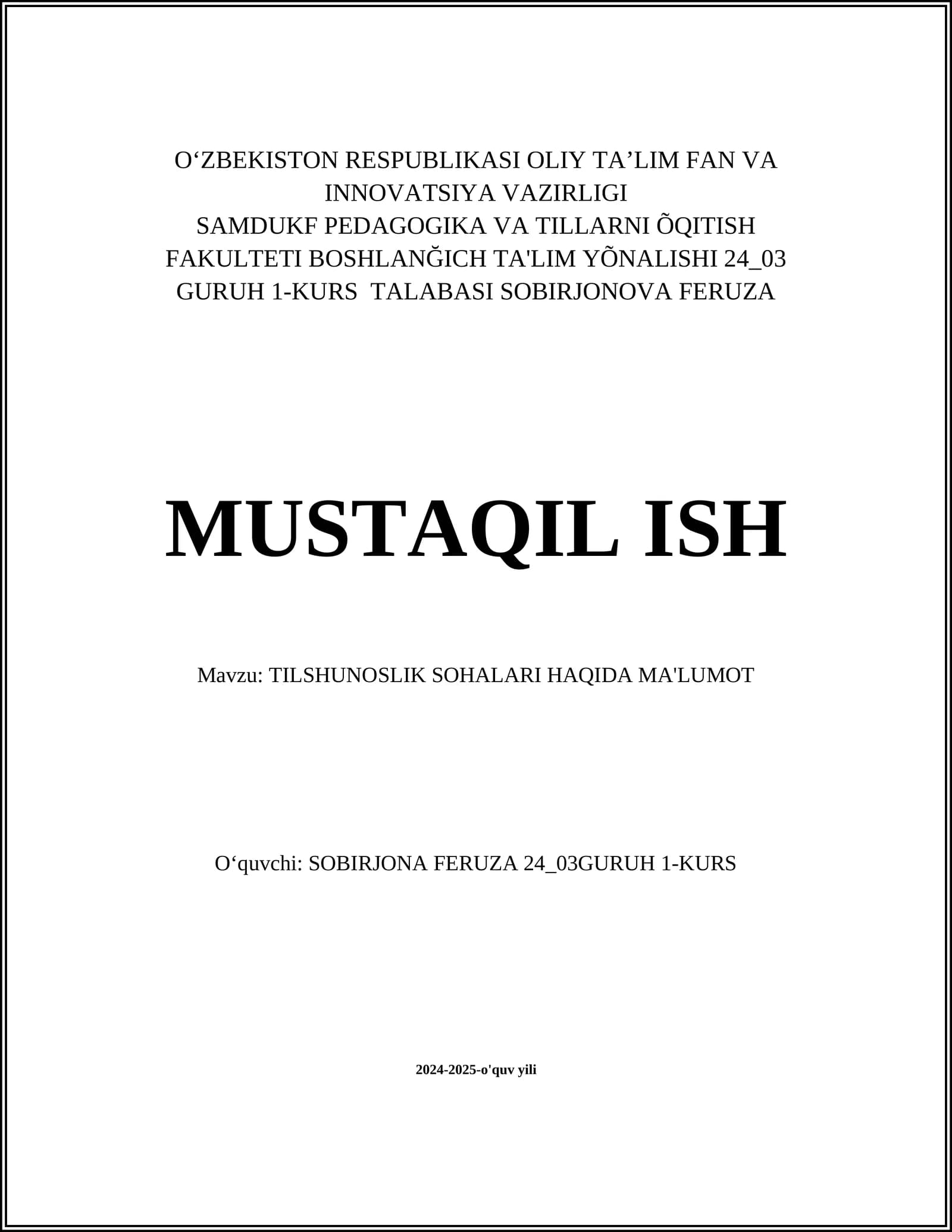 TILSHUNOSLIK SOHALARI HAQIDA MA'LUMOT