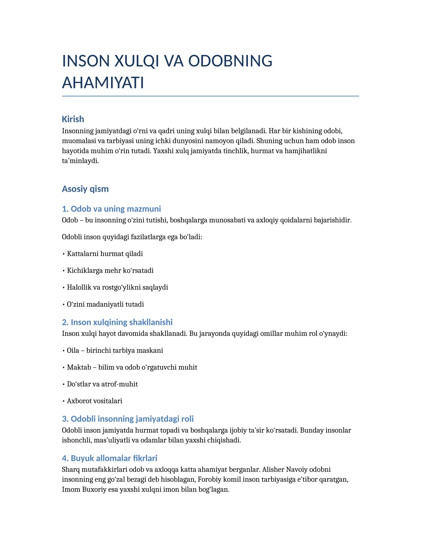 INSON XULQI VA ODOBNING AHAMIYATI