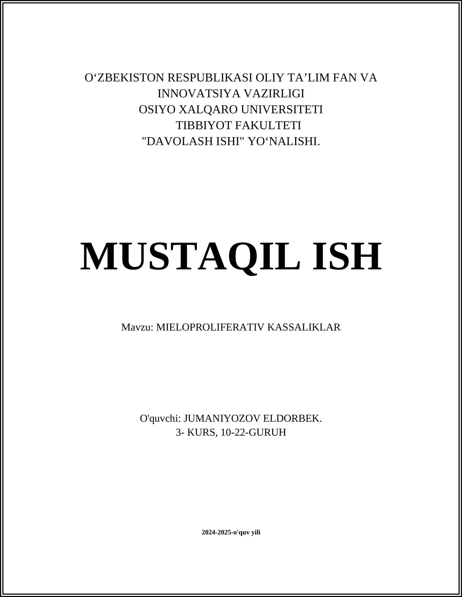 MIELOPROLIFERATIV KASSALIKLAR