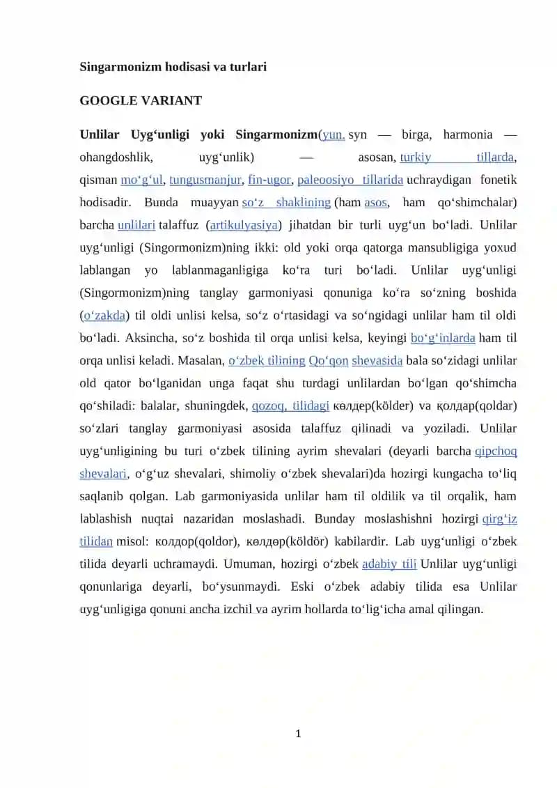 Singarmonizm hodisasi va turlari