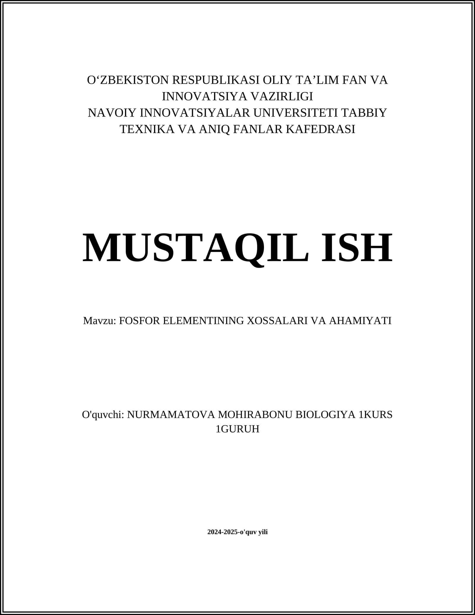 Fosfor Elementining Xossalari va Ahamiyati