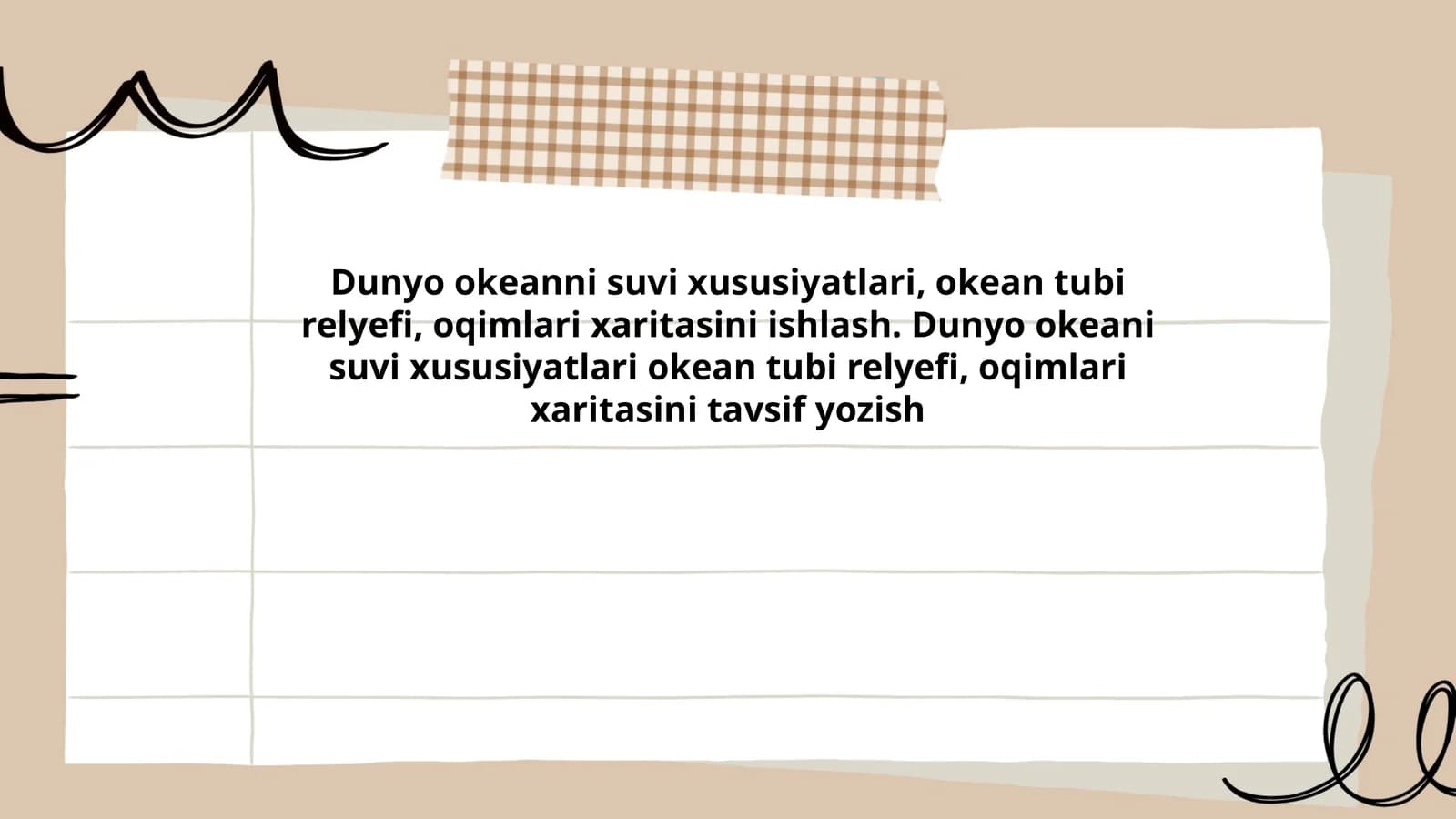 Dunyo okeanni suvi xususiyatlari, okean tubi relyefi, oqimlari xaritasini ishlash. Dunyo okeani suvi xususiyatlari okean tubi relyefi, oqimlari xaritasini tavsif yozish