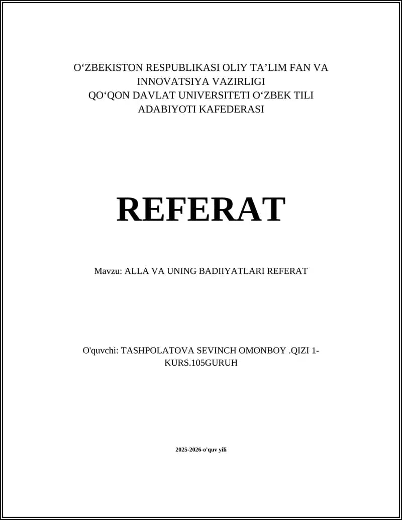 ALLA VA UNING BADIIYATLARI REFERAT