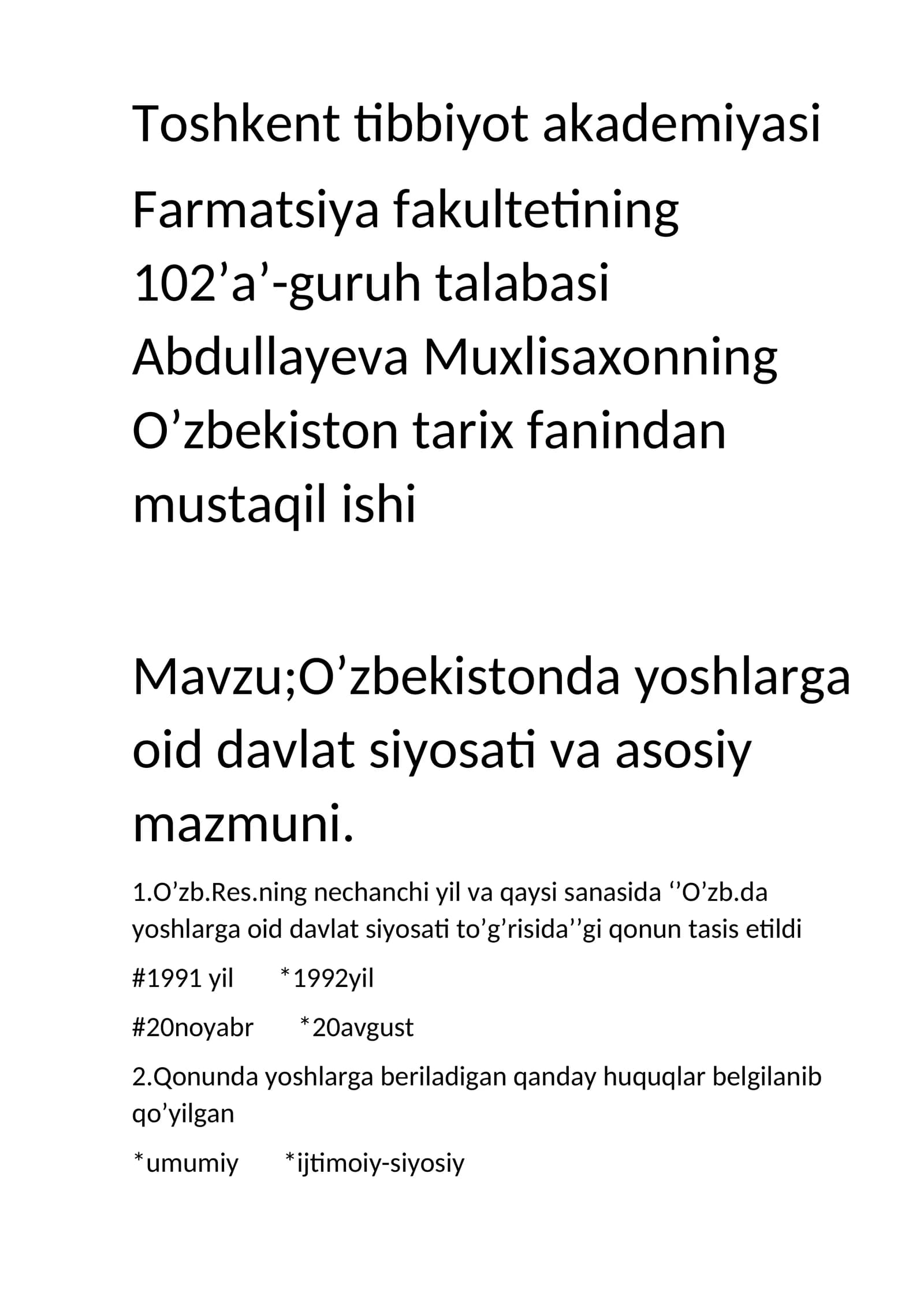 O’zbekistonda yoshlarga oid davlat siyosati va asosiy mazmuni