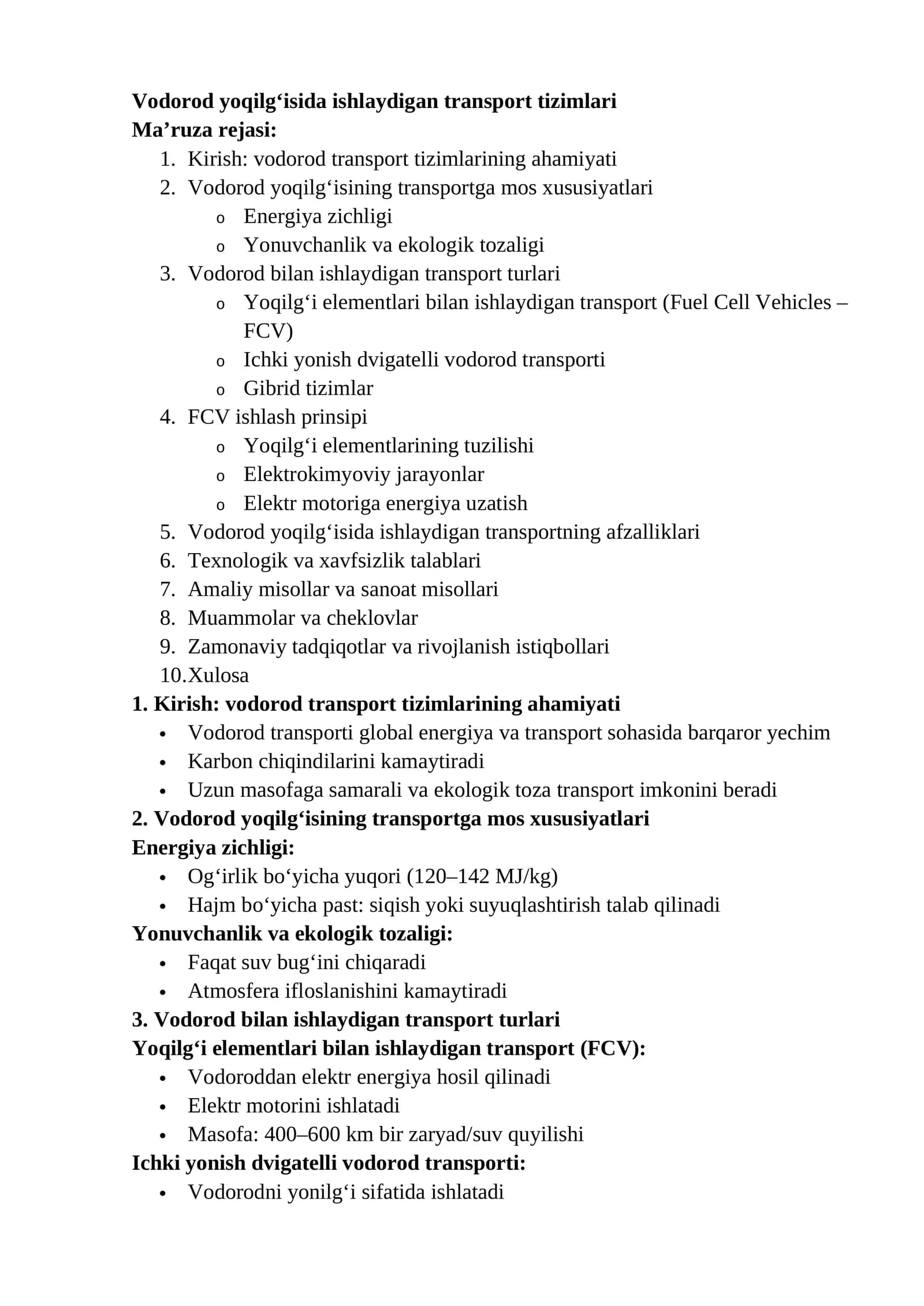 Vodorod yoqilg‘isida ishlaydigan transport tizimlari