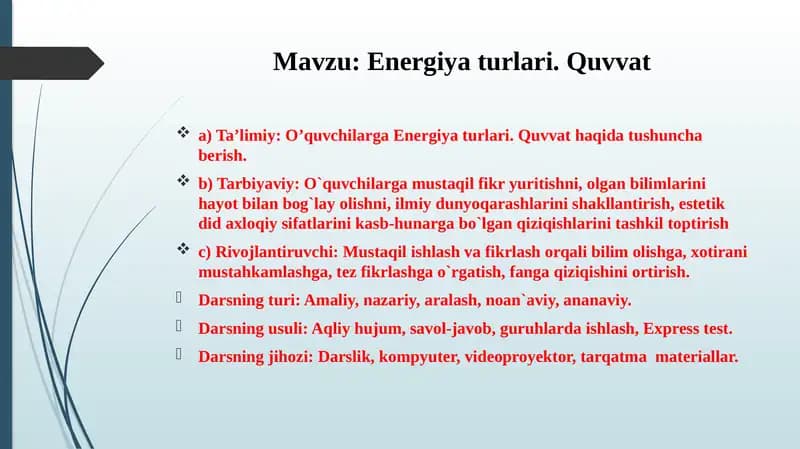 Energiya turlari.Quvvat