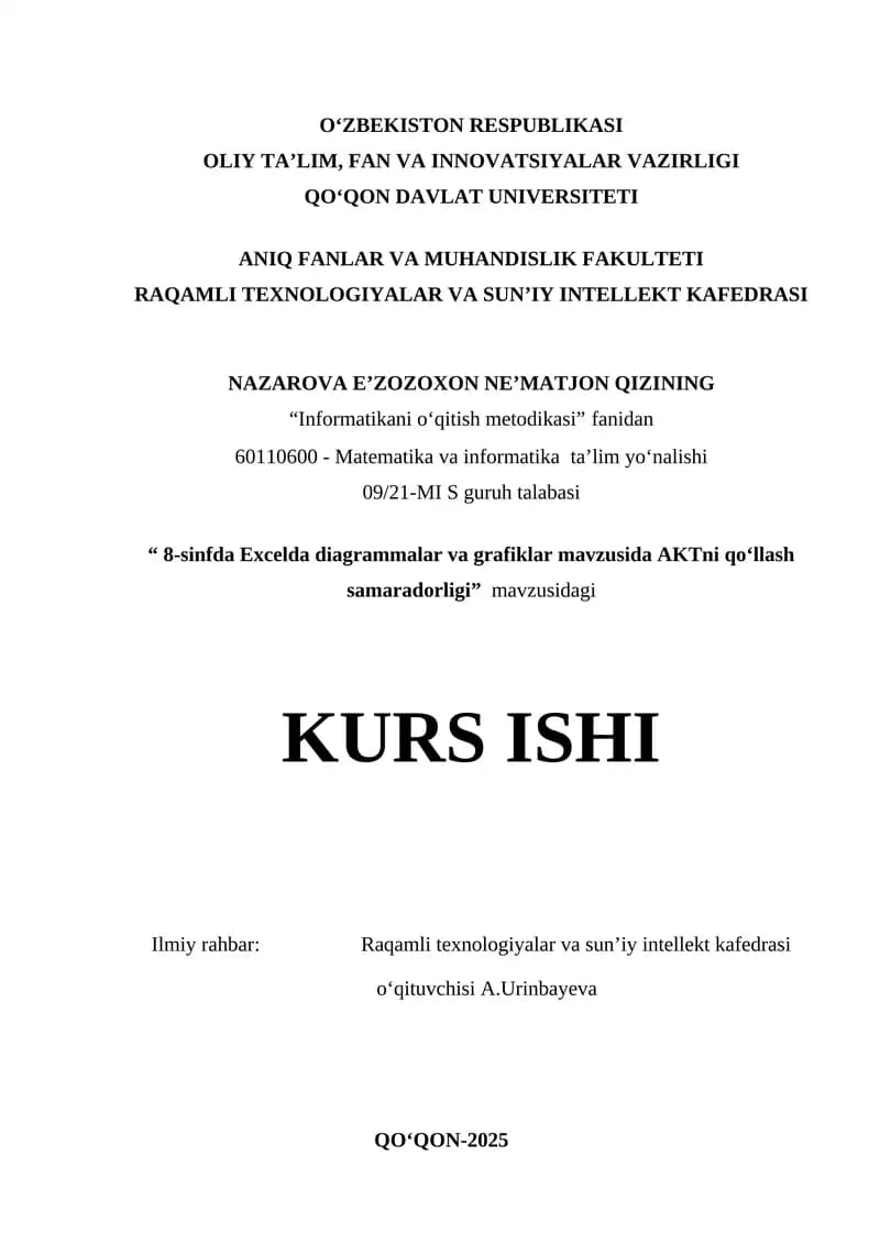 8-sinfda Excelda diagrammalar va grafiklar mavzusida AKTni qo‘llash samaradorligi