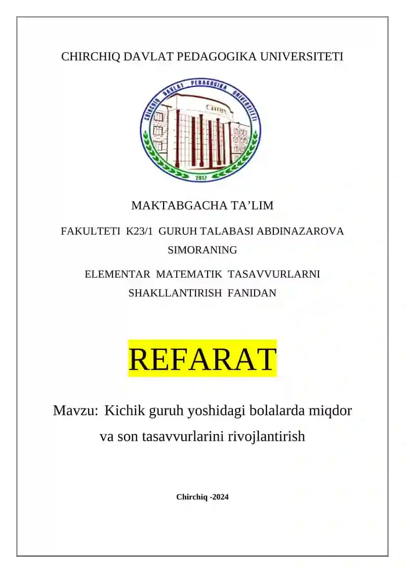 ELEMENTAR MATEMATIK TASAVVURLARNI SHAKLLANTIRISH FANIDAN REFARAT