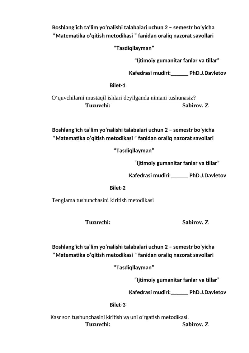 Matematika o’qitish metodikasi